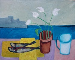 Aringhe e fiori bianchi - Olio su tela 50x40